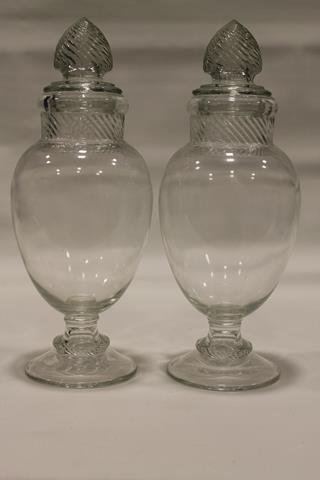 Pr Columbia Apothecary Pedestal Jars: Pair Columbia pattern apothecary jars on footed pedestals, 15" H to lids.