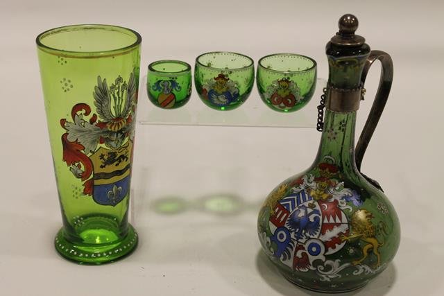 German Bohemian Glass, Ewer, More: Bohemian beer glass, ewer, liquor glasses.