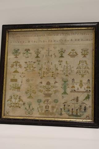 1827 Life Scenes Sailors & Ship Sampler: 1827 stylized life scenes ABC sampler, silk on homespun linen, sailors and ship, several other stylized scenes, frame period but may not original? 14 1/2" square.