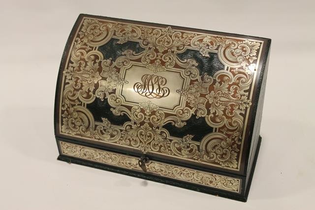 Victorian Letter Box: Black Starr and Frost Victorian letterbox with decorative metal plate covers over paper covered wooden box, fabric lined interior has slots for stationery and letter writing implements, working lock a