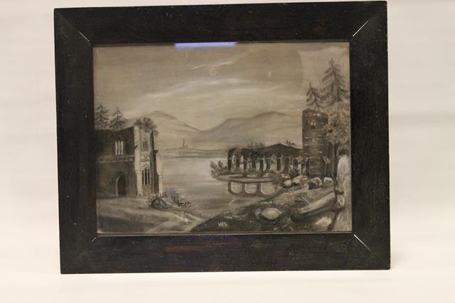 Mid-1800s Sand on Paper Painting: Mid-1800s sand on paper painting / drawing, unsigned artist of Hudson River School, (classic allegorical Hudson River scene of castles, trees, mountains, lake or river) probably original period frame,