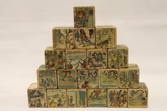 Palmer Cox Paper on Wood Blocks: McLoughlin Palmer Cox Brownie paper on wood story puzzle blocks, each block 2 1/2" square.