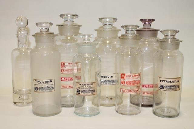 Apothecary Bottles, Bowling Green, Ohio: 8 Apothecary bottles with labels - seven labeled Bowling Green Ohio, The Bolles Drug Store; tallest 10 1/4" H.; one with no label.