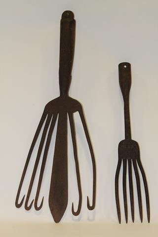 Hand-Forged Eel Gigs: Pair 19th century or earlier hand-forged iron eel gigs or spears - largest 18" L.