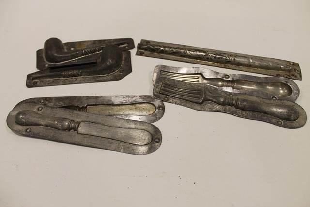 Unusual Tin Candy Molds: Unusual -piece tin candy molds - knife; fork; smoking pipe; cigar; longest 10".