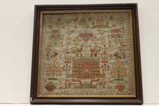 Needlework Sampler Early 1800s: Early needlework sampler wrought with large mansion with fence and garden with bird houses on each fence post in foreground, smaller house upper panel, stylized trees, flower baskets, dogs, birds and