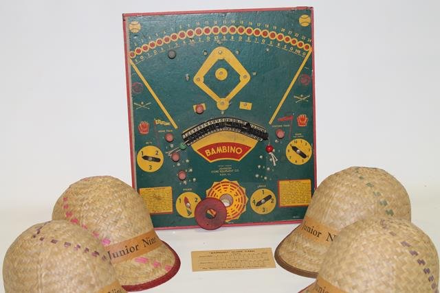 Bambino Baseball Game: Bambino Baseball Game made by Johnson Store Equipment Co, Elgin, Illinois; 4 straw woven baseball caps.
