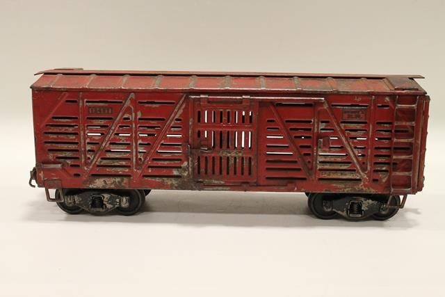 Buddy-L Outdoor Train Cattle Car: 1920-30s "12457" in original paint, heavy pressed steel, 21" L.