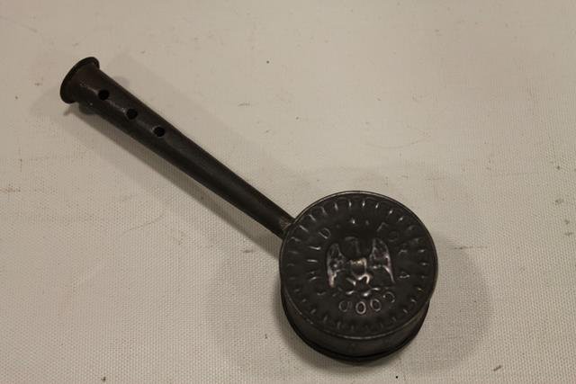 19th C Tin Rattle - For A Good Child & ABCs: Embossed "For a Good Child" on front and back, ABCs around outside edging, rattle and whistle, 5 1/4" L.