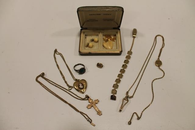 Grouping of Gold Filled Jewelry: Ivory heart pendant on GF chain with matching earrings with14K gold posts in o/box; Swank watch chain with slide; heart locket with cameo; cross and chain; gold tone ten commandments chain; 10k GF ini