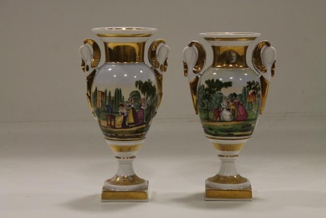 1800 William Tucker Old Paris Garniture Vases: 1800-30, American, attributed to the William Ellis Tucker, Porcelain Works (Philadelphia, active 1828-37) gold gilt on hard paste porcelain, swan handles, front and back scenic views, bride on bench a