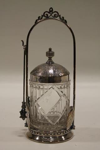 Victorian Pickle Castor: Glass caster / castor fitted with clear ribbed sides and diamond centers, silverplated frame signed Hartford Silver Co, 10 1/4" H.