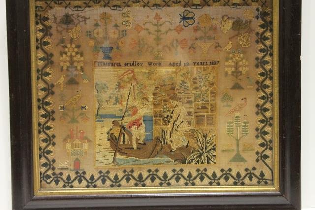 Large 1837 Pictorial Needlework Sampler: Pictorial sampler by 12 year old, Margaret Bradley, silk threads on very fine linen ground, depicting man in boat and woman on shore, surrounded by birds, butterflies, other animals, potted plants, fl
