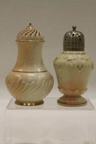 Royal Worcester & Locke Sugar Shakers: Pair porcelain sugar shakers - Royal Worcester Kerr & Binns. 1852-1862, 6" H; Locke & Co., Scrub Hillworks, 6" H.
