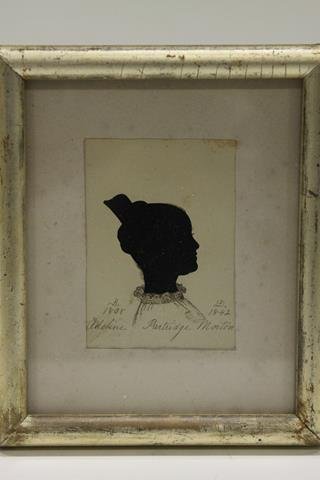 Memorial Silhouette Mid-1800s: Hollow cut young woman, ink highlighted clothing details, molded giltwood frame, 5 1/4" x 6"