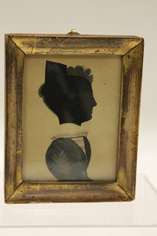 Puffy Sleeve W/C & Hollowcut Silhouette: Early 1800s, woman with watercolor highlights, puffy sleeves, tiny waist, giltwood frame, 3 1/2" 4 1/2".