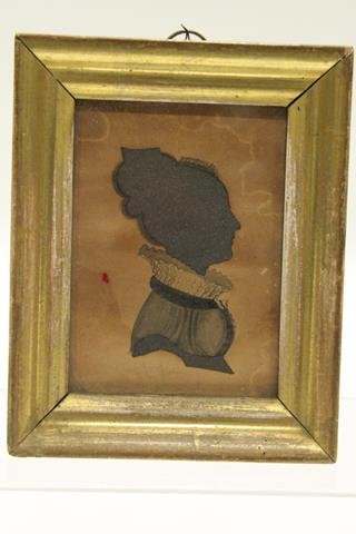 Early 1800s Hollowcut Silhouette: Paper and cloth lady silhouette with watercolor highlights, giltwood frame, 3 3/4 x 4 3/4