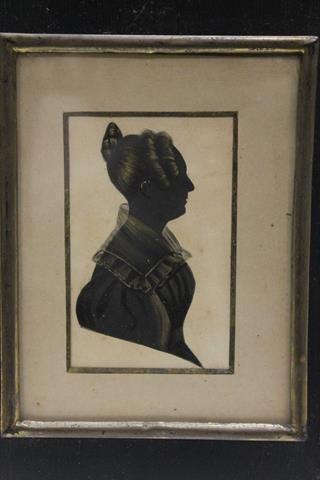 Early 1800s W/C Portrait Gold Accents: Black watercolored lady portrait highlighted with gold painted features and clothing, ebonized wood frame, 6 1/4" x 8 1/2".