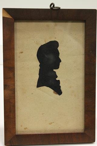 18th C Famous French Politician's Silhouette: Dated 1847 hollowcut portrait silhouette of Ã‰tienne de Silhouette (July 8, 1709 â€“ 1767) a French Controller-General of Finances under Louis XV, signed on reverse, mahogany veneered frame, 4