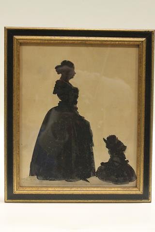 Lg Silhouette Mother & Daughter: Watercolor on paper, standing mother and small daughter, replaced frame, 9 3/4" x 11 1/2".