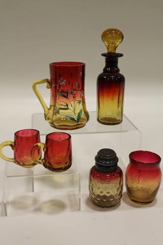 19th C. Amberina Punch Cup & More: Enameled tall punch cup, 3 3/4" H; 2 small liquor glasses, 1 /34" H; salt shaker, 3" H; bottle with amber stopper, 5 1/2"; toothpick diamond pattern, 2 1/2" H.
