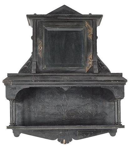 Victorian Ebonized Wood Wall Shelf: Beveled glass door with working key, etched designs, 28" H.