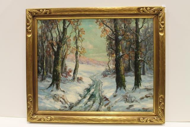 Elmer S. Berge Signed Landscape Painting: Oil on canvas, (American, 1892-1956), signed lower right, renowned for oil paintings of Minnesota landscapes and water scenes, frame 29" x 35"