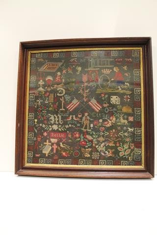1876 Scene Needlepoint Picture Wool Work: Wool on canvas framed needlework picture with depictions of children playing, birds, animals, American flags, flowers, and other items, with a red, white, and blue Greek key border, 25" square frame.