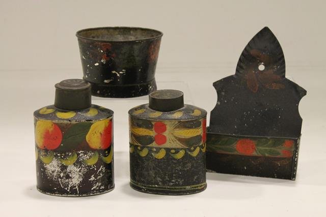 1800s Grouping Toleware: Tole painted - open sugar bowl; 2 canisters; hanging matchsafe.