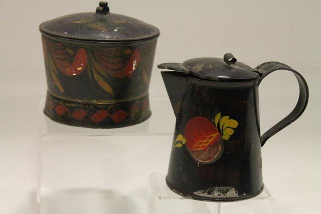 1800s Sugar & Creamer Toleware: Tole painted creamer and covered sugar, original yellow and red paint - creamer 4" H.