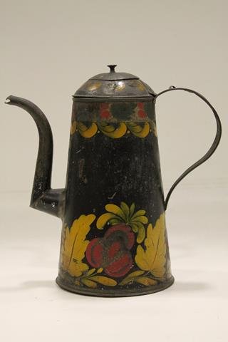 1800s Toleware Coffeepot: Tole painted goose neck coffeepot, mustard yellow, red, green paint, 10 1/4" H.