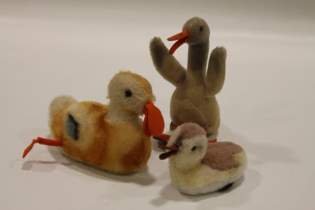 3 Plush Ducks & Goose: Longest Steiff mohair duck 6"; mohair goose marked US Zone Germany; plush small duck