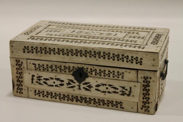 Sailor Art New England Ivory Decorated Box: Late 18 or early 19th century, document box, punched and cut out ivory decoration includes tiniest animals, small brass handles, escutcheon key hole, 8 1/4" L x 4 1/4" D x 3 1/2" H.