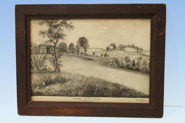 Revol. War Hero John Paulding Monument: Revolutionary War hero, monochrome watercolor of "Monument of John Paulding" signed LR M.A. Wolfe, painting depicts serene setting of graveyard on a hill with prominent monument, Ohio's Paulding Cty n