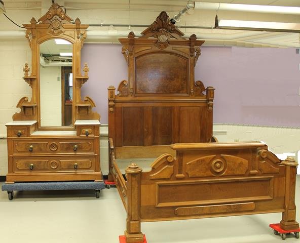Walnut 2-Piece Victorian Bedroom Set: American Renaissance Revival, full size bed with ornate bedrails, marbletop dresser with teardrop pulls, 95" H x 57" W x 77" L; matching marbletop dresser 92" H x 47" W x 21" D.