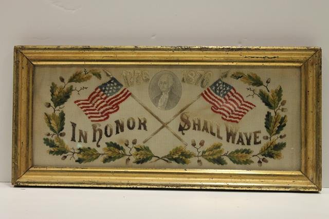 1776-1876 Washington Motto Sampler: 1776-1876 Centennial needlework motto sampler, molded giltwood frame, 11" x 23"