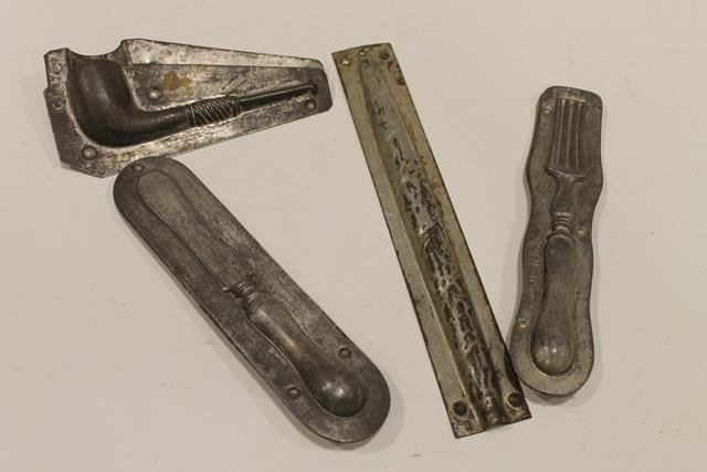 4 Tin Candy Molds: Unusual - knife; fork; smoking pipe; cigar; longest 10".