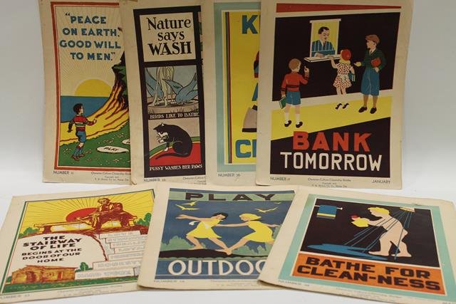 1932 Character-Culture-Citizenship Posters: 7 colorful poster teacher guides used to direct immigrant children how to become good US citizens published by T. G. Reynolds, Co. Inc. Kansas City, dated 1932, 16 3/4" H x 12 1/2" W.