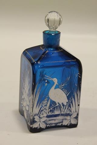 Blue Enameled Mary Gregory Bottle: Square bottle with egret in reeds with florals, gold highlight striping, cut bottom edges, 6 1/2" to stopper.