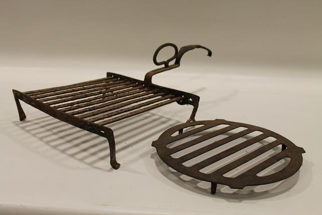 Early Cast Iron Hearth Cooking Trivets: Largest with handle, 22"