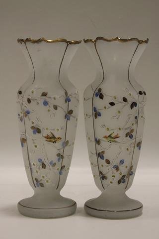 Victorian Mantle Vases - Birds & Flowers: Victorian, mirrored images, white frosted Bristol glass, decorated with dogwood and Oriole birds, 13" H.