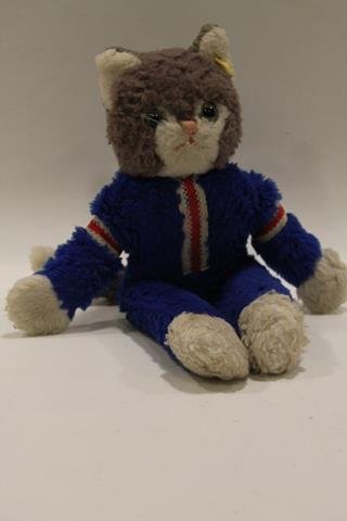 Steiff Plush Cat: Blue body, fishing string whiskers, stitched nose and mouth, swivel head, button, 13" H.