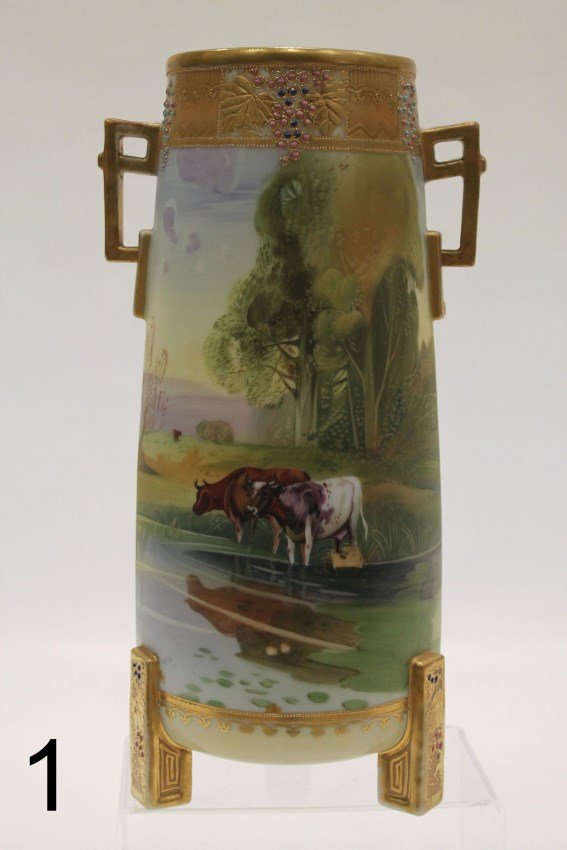 Signed Nippon Tall Vase - Cows in Pasture Scene: Nippon hand-painted with gilt and enameled grapevine design, hand painted cows in pasture scene painted entirely around vase, signed with M in wreath, 13 3/4 H.