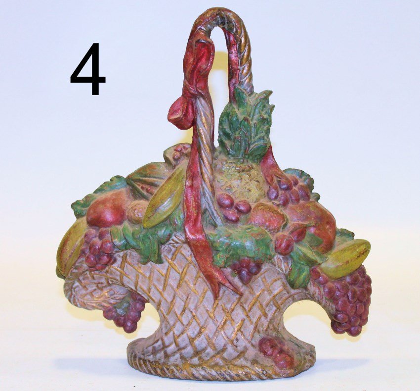 Rare Early Cast Iron Large Basket of Fruit Doorstop: Rare - early cast iron very heavy wicker basket of fruit, 12 1/2 x 11 1/2".