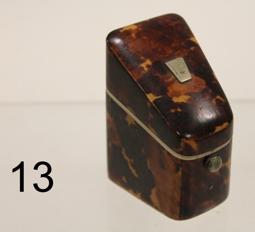 19th C Miniature Tortoise Shell Needle Case: Mid 19th C miniature tortoise shell needle case, bottom with old hand scratched date of 1763, 2 1/4" H x 1 1/2" D x 1 1/4" W. Slots in interior.