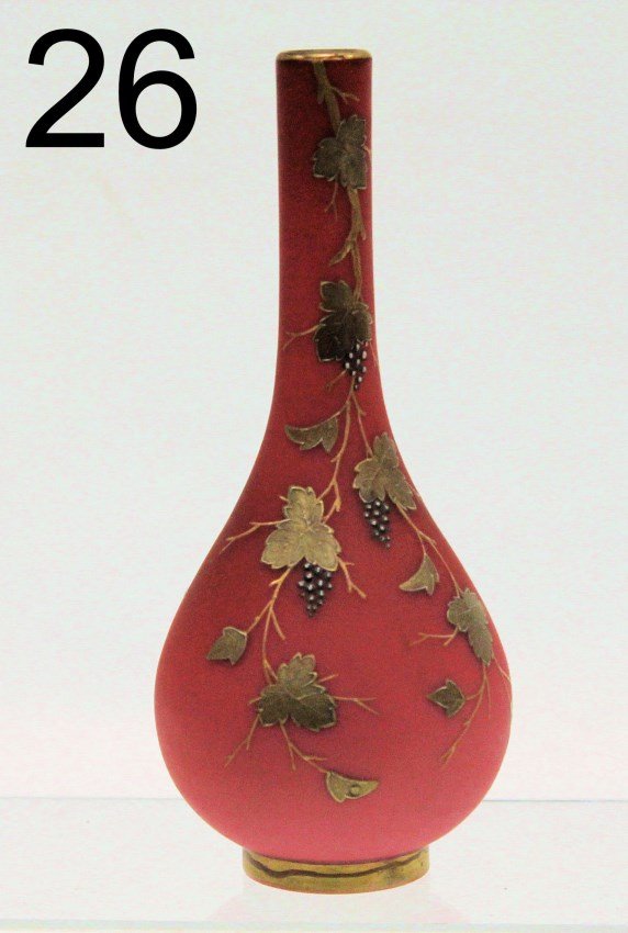 Satin Peachblow Bud Vase, Attb. Webb: Satin velvet peachblow bud vase, unsigned, attributed to the Thomas Webb Company, decorated with gold gilt vine and grapes, polished pontil marked "5", 7 /2" H.