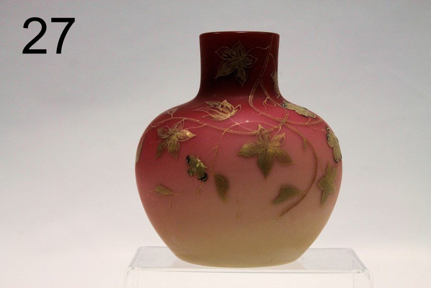 Webb Burmese Vase: Numbered on bottom, gold enameled flowering vines, unsigned, 7 1/2" H.