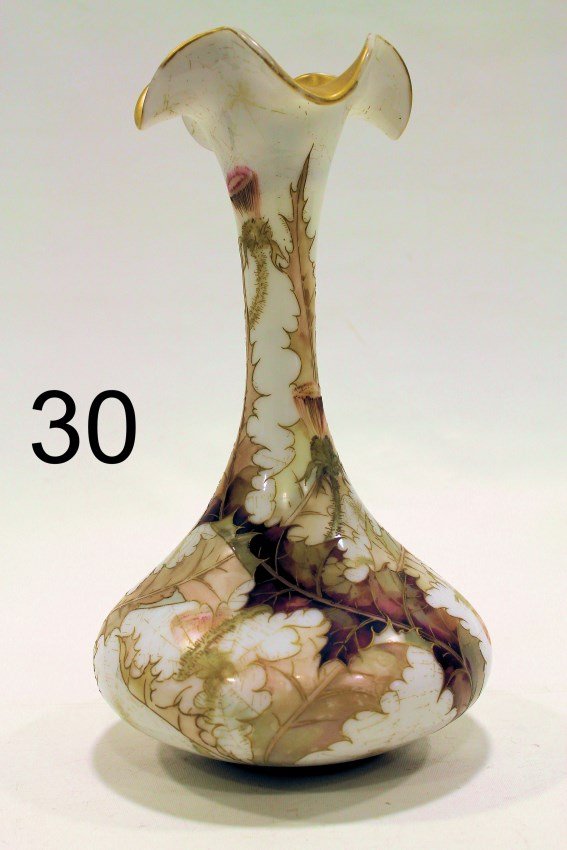 Rare Crown Milano Mt Washington Vase: Rare Crown Milano Mt Washington Vase "Colonial Ware" art glass vase, gilt and enamel decoration of thistles, Colonial Ware mark on bottom, 14 1/4" H.
