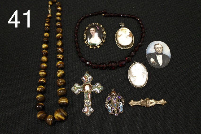 Victorian Jewelry - Tiger Eye Beads More: 2 carved cameo brooches, good; painted on porcelain portrait brooch, good; GF bar pin, good; miniature portrait of man painted on ivory, no frame; vintage tiger eye beaded necklace with 14k gold clasp