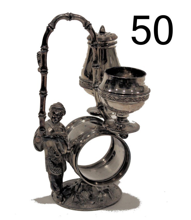 Napkin Ring Salt & Pepper Oriental Child: Figural napkin with salt & pepper, Oriental child, silverplate, 6" H.